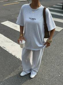 Muchica 女士休闲字母刺绣圆领短袖T恤和长裤套装，夏季