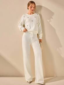 CLARA VERO Women Solid Color Rhinestone Detailed Round Neck Drop Shoulder Pullover & Mermaid Sweater Skirt Set,Winter Clothes - Cream - View 6