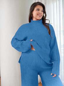 EURMUSE OLUS SIZE HIGH NECK CASUAL SWEATER CORDS - Baby Blue - View 6