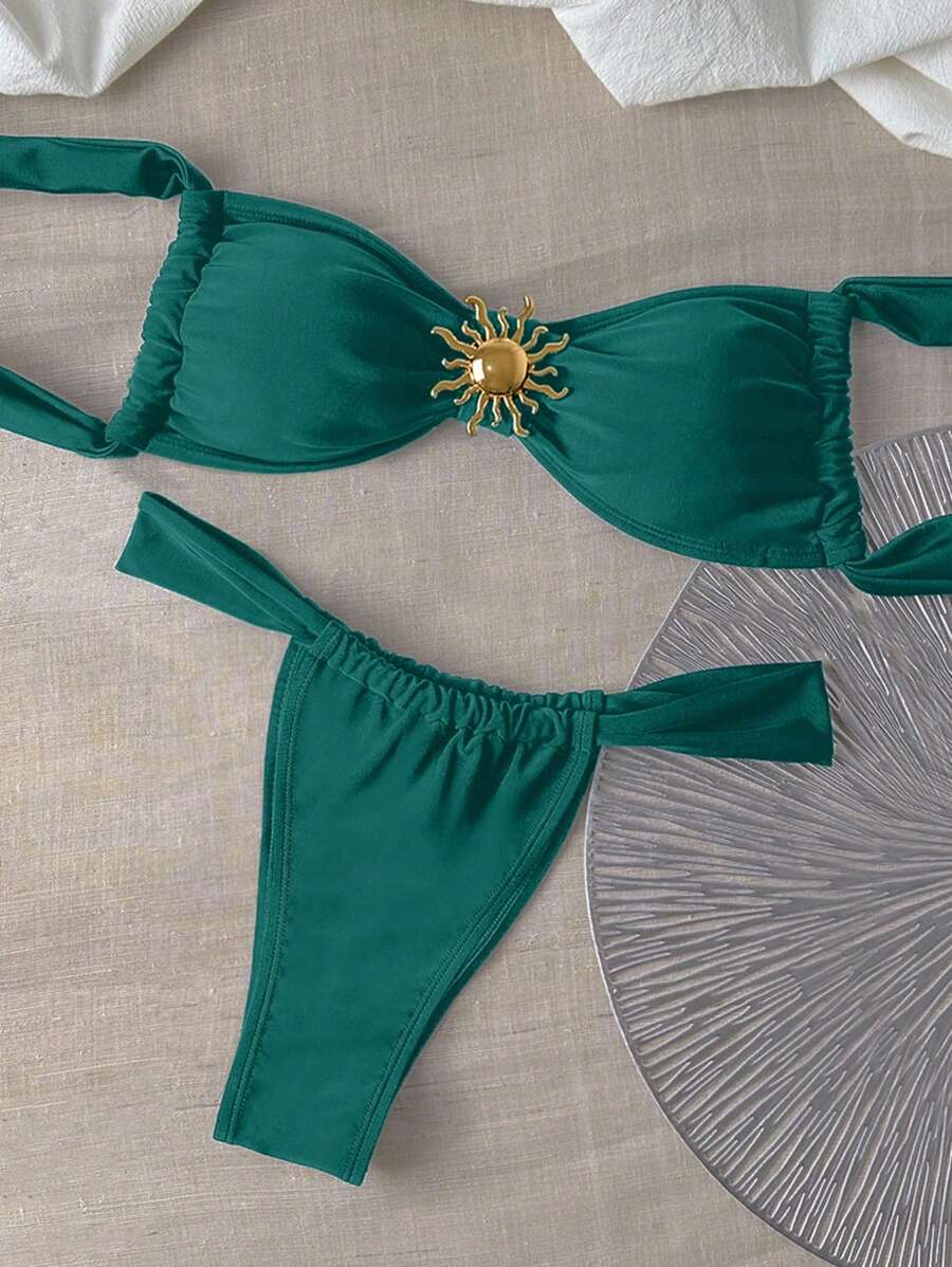 Swim Chiccia Solid Color Triangle Cup Metal Sun Decor Bikini Set For Summer Beach Vacation - Teal Blue - View 1