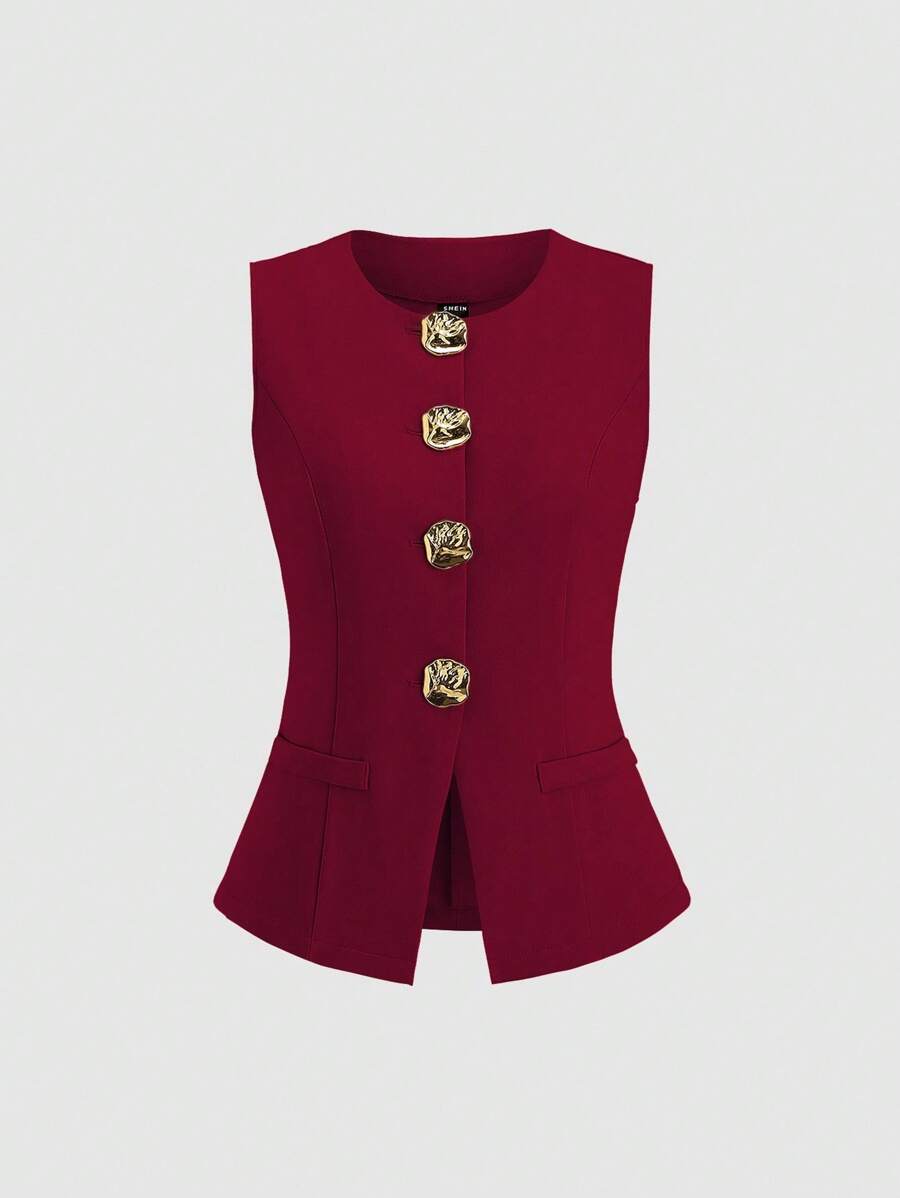 Sweetra Tall Top sin mangas minimalista y básico de metal con botones grandes para mujeres altas - Burdeos - Ver 1
