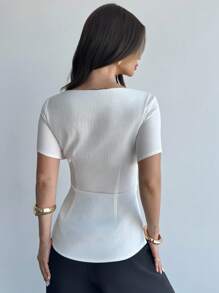 Firerie Women's White Summer Elegant Office Beige Bamboo Texture Short Sleeve Cinched Waist Shirt,Square Neck Design,Regular Fit Retro Holiday Daily Blouse - Beige - View 4