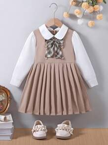 1pc Young Girl Woven Dress, Children Comfortable Khaki Long Sleeve Pleated Dress With Bow And Button Decoration, Fresh And Cute Style Suitable For Autumn, Loose Fit For Various Occasions Like Vacation, Travel, Daily Wear,Back To School Clothes Fall Winter - Khaki - View 3