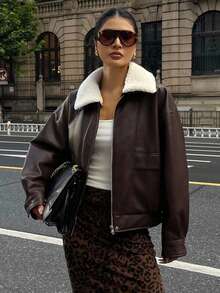 Livesso Women Fashionable Versatile Contrast Color Fuzzy Collar Jacket, Autumn/Winter Leather Jacket With Sherpa Collar - Brown - View 2
