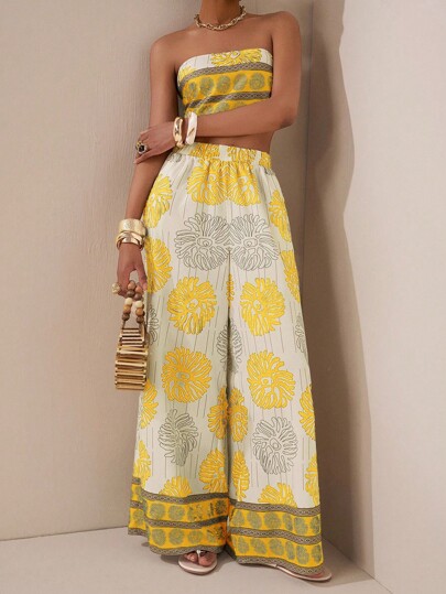 Zivah 2025 Summer New Music Festival, Easter, Mother's Day, Wedding Season, Wedding Attendance, Birthday Party, Casual Daily Wear, Basic Versatile, Leisure, Cruise Travel, Beach, Sunbathing, Viral Network Celebrity Style, Street Style, Elegant, Commute, Business Casual, Strapless Tie Sexy Backless Women's Top And Straight Leg Pants With Pockets, Floral Placement Print, Green, Ladies Two Pieces Set