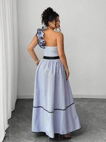 Elenzga Plus Size Women 2-Piece Set:Ruffle Trim Asymmetric Shoulder Jumpsuit & Black Splicing Skirt,Light Blue,Summer,Curve,Elegant,Cocktail Party Vacation - Multicolor - View 2