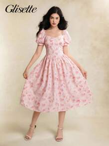 少女夏季假日风格花卉印花甜心领泡泡袖高腰连衣裙