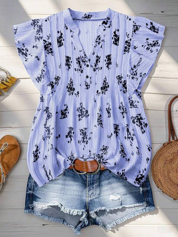 Joress Plus Size Women Casual Vacation Floral Ruffle Trim Blouse