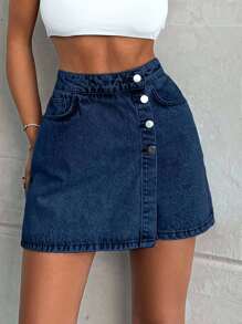 EURMUSE 100%Cotton LIGHT WASH BUTTONS DETAIL SHORT SKIRT - Dark Wash - View 7