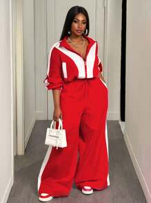 Slaydiva 2 sztuki/zestaw Plus Size Women 2025 Wiosna Jesień Swobodny Sportowy Strój Uliczny - Luźny Kontrastowy Kolor Patchwork Podzielony Hem Ściągacz Długi Rękaw Koszula Kołnierz Zamek Błyskawiczny Top I Ekstra Szerokie Nogawki Długie Spodnie, Tkanina Tkana - Czerwony i biały - Zobacz 6