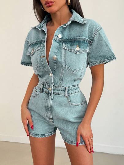EURMUSE Casual Fashionable Outdoor Waist Cinching Short Sleeve Women's Denim Jumpsuits