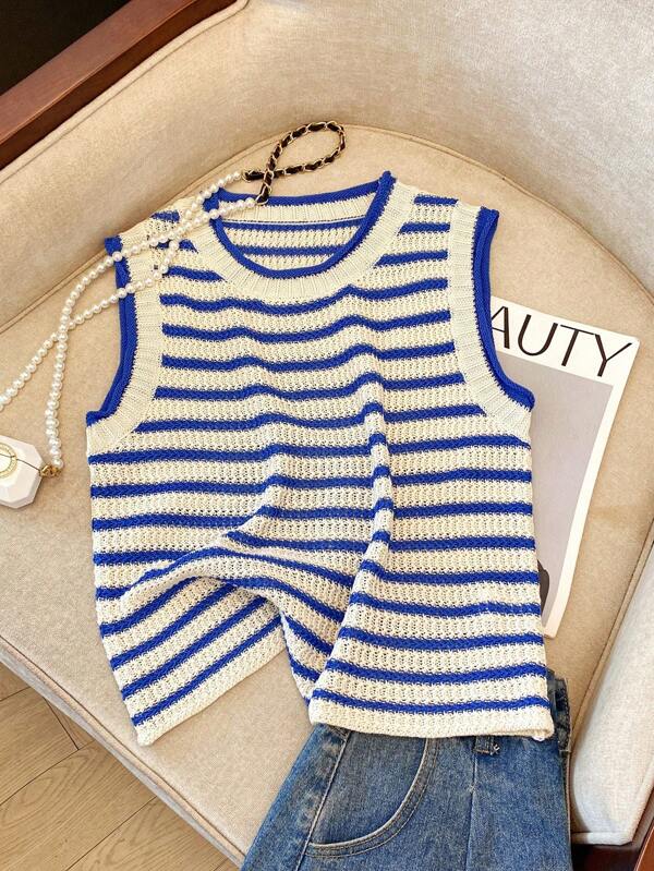 SHEIN PETITE New Vintage Contrast Stripe Knit Vest Tank Top, Stylish Short Sleeveless Women Sweater Waistcoat Knitted Sweater