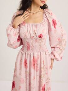 Modelyn 女士花卉印花蝙蝠袖方领长裙 - 粉色 - 查看 6