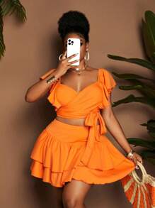Maweii Bộ 2 món áo crop top tay loe cổ tim và chân váy size lớn cho nữ, thời trang - trái cam - Xem 2