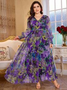 Modelyn 全新奢华优雅超长V领长袖摆裙 - 紫羅蘭色 - 查看 3