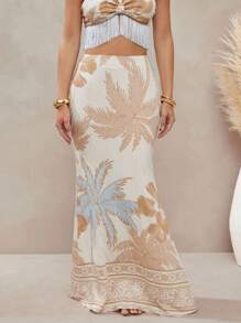 L'Amorae Summer Tropical Print Summer Maxi Skirt - Apricot - View 3