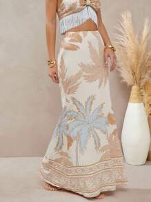 L'Amorae Summer Tropical Print Summer Maxi Skirt - Apricot - View 5