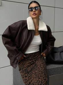 Livesso Women Fashionable Versatile Contrast Color Fuzzy Collar Jacket, Autumn/Winter Leather Jacket With Sherpa Collar - Brown - View 1
