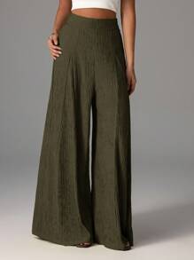Firerie 女士优雅休闲纹理面料高腰阔腿裤，适合海滩、机场和风格 - 軍綠色 - 查看 4