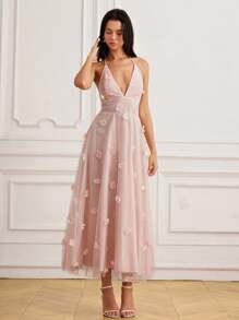Aveloria Rosie Sweet Pink Mesh Halter Tie Long Dress With 3D Floral Beaded Embellishment, Backless Sexy Sleeveless Dress - Multicolor - View 5