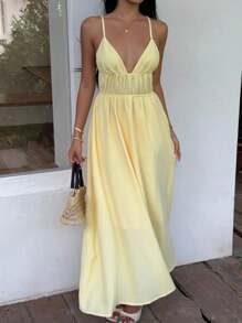 SHEIN EZwear 夏季度假深V领细肩带休闲女士黄色连衣裙