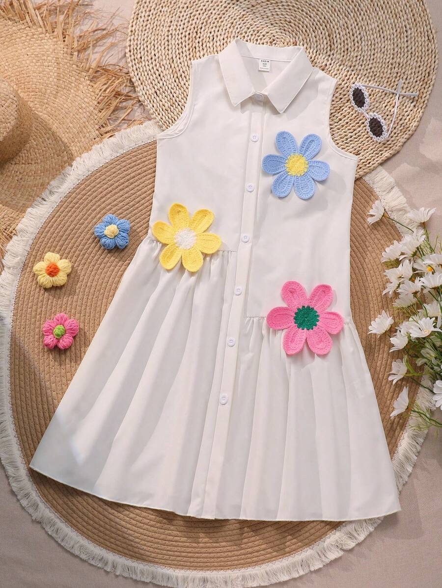 SHEIN 女童针织花卉翻领无袖开衫连衣裙,休闲夏装 - 白色 - 查看 1