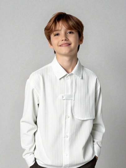 SHEIN 1 件青少年男孩休闲运动学院艺术复古白色翻领长袖衬衫，采用纹理面料，适合返校，适合生日派对、晚会、表演、婚礼、洗礼、开幕式，适合日常穿着，适合上学，适合旅行，适合运动，适合春、秋、冬季