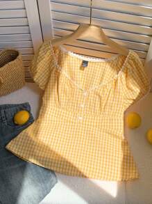 SHEIN EZwear Summer Casual Yellow & White Plaid Woven Ladies Blouse - Yellow - View 4
