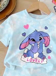 SHEIN 可爱卡通蓝兔和史迪奇图案，清新天蓝色扎染，女婴休闲简约圆领宽松短袖T恤和修身骑行短裤套装，适合春夏凉爽天气穿着，史迪奇主题女童服装，莉萝和史迪奇女童服装，女婴沙滩装，夏季母女两件套女婴夏季套装 - 彩色 - 查看 5