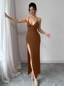 INAWLY 女士优雅性感褶皱高开衩无袖连衣裙，红色，夏季 - 咖啡棕 - 查看 4