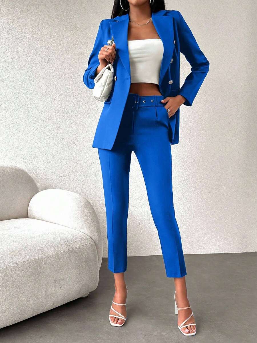 EURMUSE Bộ đồ áo dài tay và quần dài màu trơn cho nữ - Màu xanh lam - Xem 1