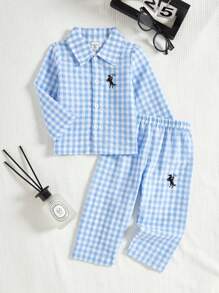 男婴绅士风格蓝白格子领开衫衬衫配长裤套装，休闲装男婴格子套装返校时尚 - 藍白色 - 查看 1