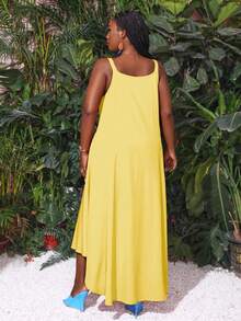 Slaydiva Plus Size Summer Solid Color Big Swing Cami Chain Dress - Yellow - View 2