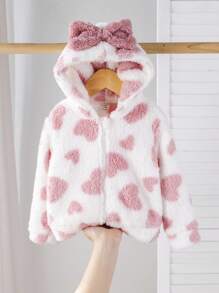 SHEIN Cute Casual Zip-Up Hooded Fluffy Long Sleeve Baby Girls Jacket,In Fall/Winter - Pink - View 7