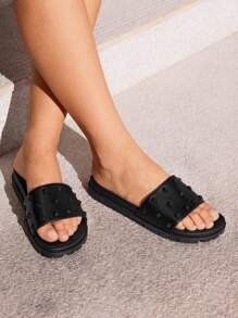 HighSole 女士夏季休闲纯色串珠平底乐福鞋 - 黑色 - 查看 4