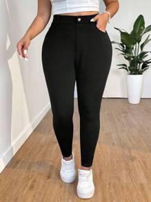 SHEIN EZwear Plus Size Solid Color High Waist Pants, Suitable For Everyday Wear, Spring/Summer - Black - View 7