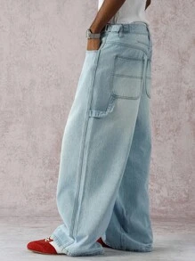 Manfinity ZONE917 Quần Jeans Xanh Chống Nhăn Phong Cách Đường Phố Thường Ngày Cho Nam, Dáng Rộng, Nhiều Túi, Chống Trơn Trượt, Bền, Đa Năng Cho Mọi Mùa - Rửa nhẹ - Xem 6