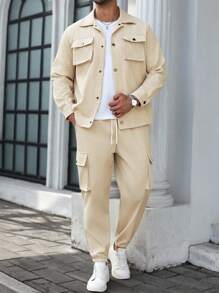 Manfinity Homme Men's Plus Size Flap Pocket Jacket And Drawstring Waist Pants,Fall Clothes - Khaki - View 5