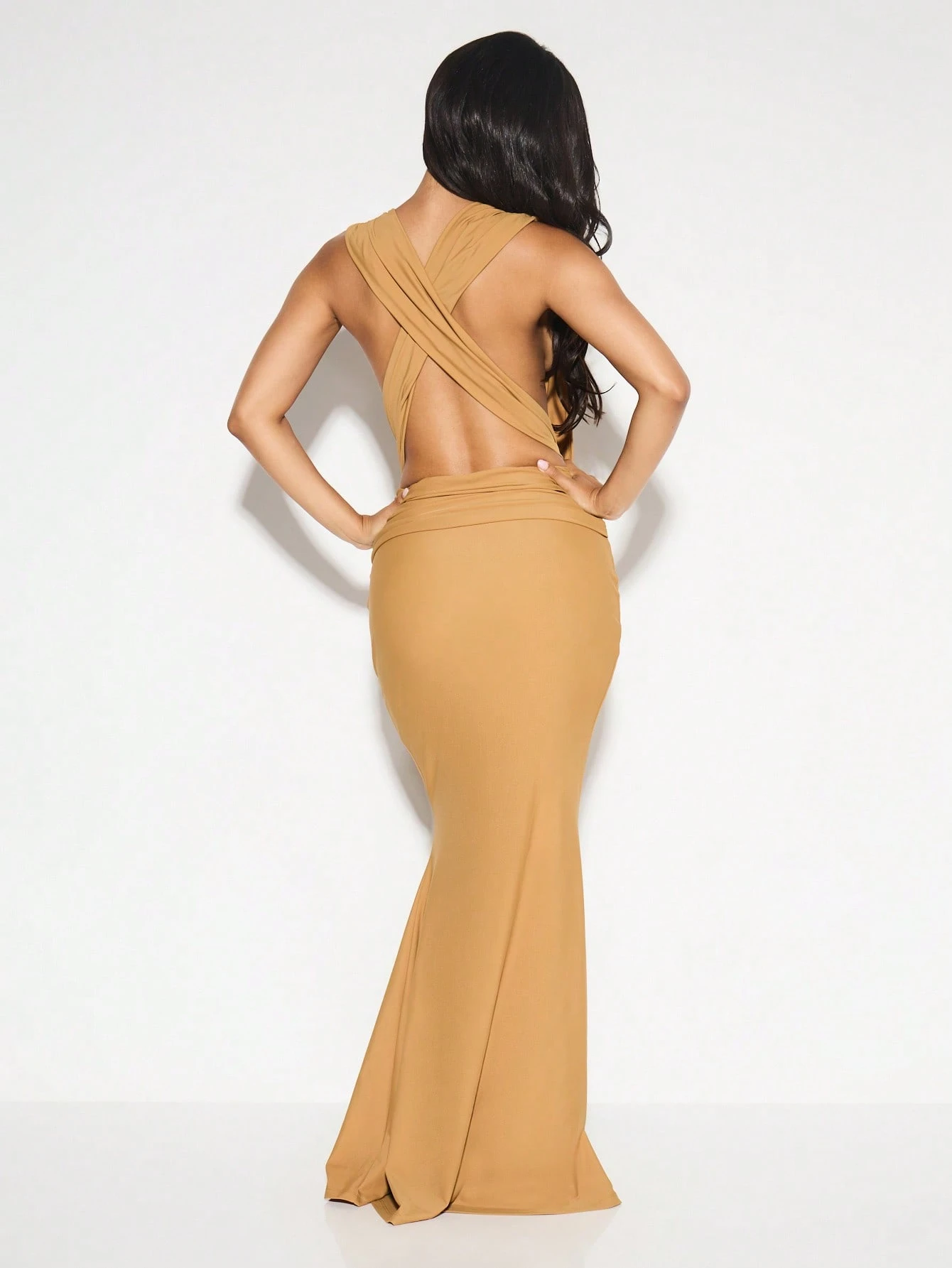 KIZN High Neck Mermaid Gown With Ruched Waist And Side Ruffle