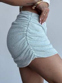 Firerie Nouvelle jupe mini élégante et minimaliste pour femmes, taille basse, bleu clair pailletée, coupe slim, idéale pour les vacances, les festivals de musique et les fêtes, été - Bleu ciel - Voir 6