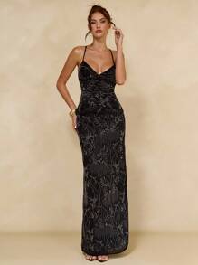 SHEIN BAE 纯粉色提花吊带抽绳女式上衣，度假风上衣，提花上衣，性感上衣 - 黑色 - 查看 5