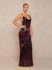 Lumalex 亮片缀饰深垂领露背金属链装饰美人鱼女裙 - 酒紅色 - 查看 3