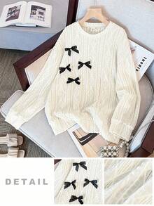 SHEIN 少女宽松休闲圆领撞色立体黑丝带蝴蝶结装饰圆领套头衫纹理面料长袖运动衫，返校，可爱，度假家庭户外春季野餐日常穿着，适合各种场合针织蝴蝶结运动衫 - 白色 - 查看 6