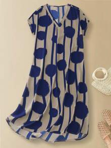 Rusticease 女士休闲宽松V领短袖中长连衣裙，日常穿着 - 藍色 - 查看 3