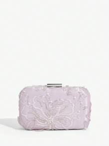 SHEIN Belle 女士、女士晚宴包、手包、花卉手包、时尚、奢华、奢华、迷人、优雅、花朵、蕾丝、亮片花朵、适合女孩、女士、女士、大学生、新娘、伴娘、婚礼宾客、蜜月、派对、舞会、婚礼、俱乐部、约会、晚会、约会之夜（随机正面和背面花朵设计/随机图案） - 淡紫色 - 查看 5