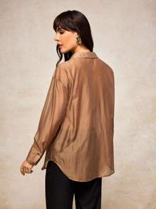 MIRENZI Camisa transparente grande cáqui sólida feminina verão outono casual camisa top - Caqui - Ver 2