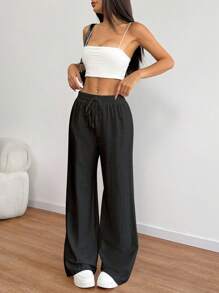 SHEIN PETITE Pantalones rectos de pierna ancha con cintura con cordón de aspecto de lino para vacaciones de primavera y verano para mujeres de estatura baja - Negro - Ver 4