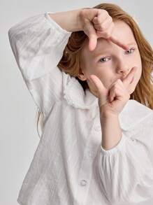 Ontre Young Girl Contrast Lace Peter Pan Collar Lantern Sleeve White Casual Blouse, Autumn/Spring Fall Winter - White - View 4