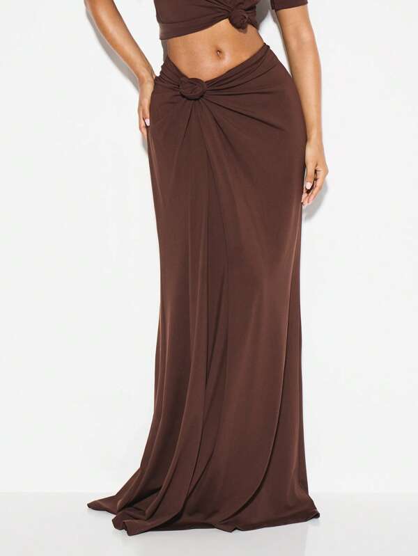 KIZN Draped Maxi Skirt Side Gathered Elegant Floor Length Formal Evening Fall Winter Holiday Wedding Guest Beach Sundress Party Wrap Column Bridesmaid Knot Front