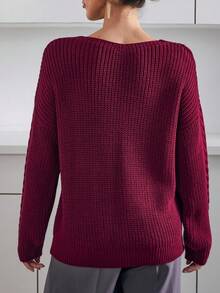 EURMUSE Chunky Cable Knit V-Neck Sweater In Deep Rust Red With Ribbed Hem And Cuffs,Jumper,Cream Jumper,Jumpers For Women,Jumpers,Black Jumper,Womens Jumper,White Jumper,Women's Jumper,Women's Jumpers,Winter Clothes - Burgundy - View 6